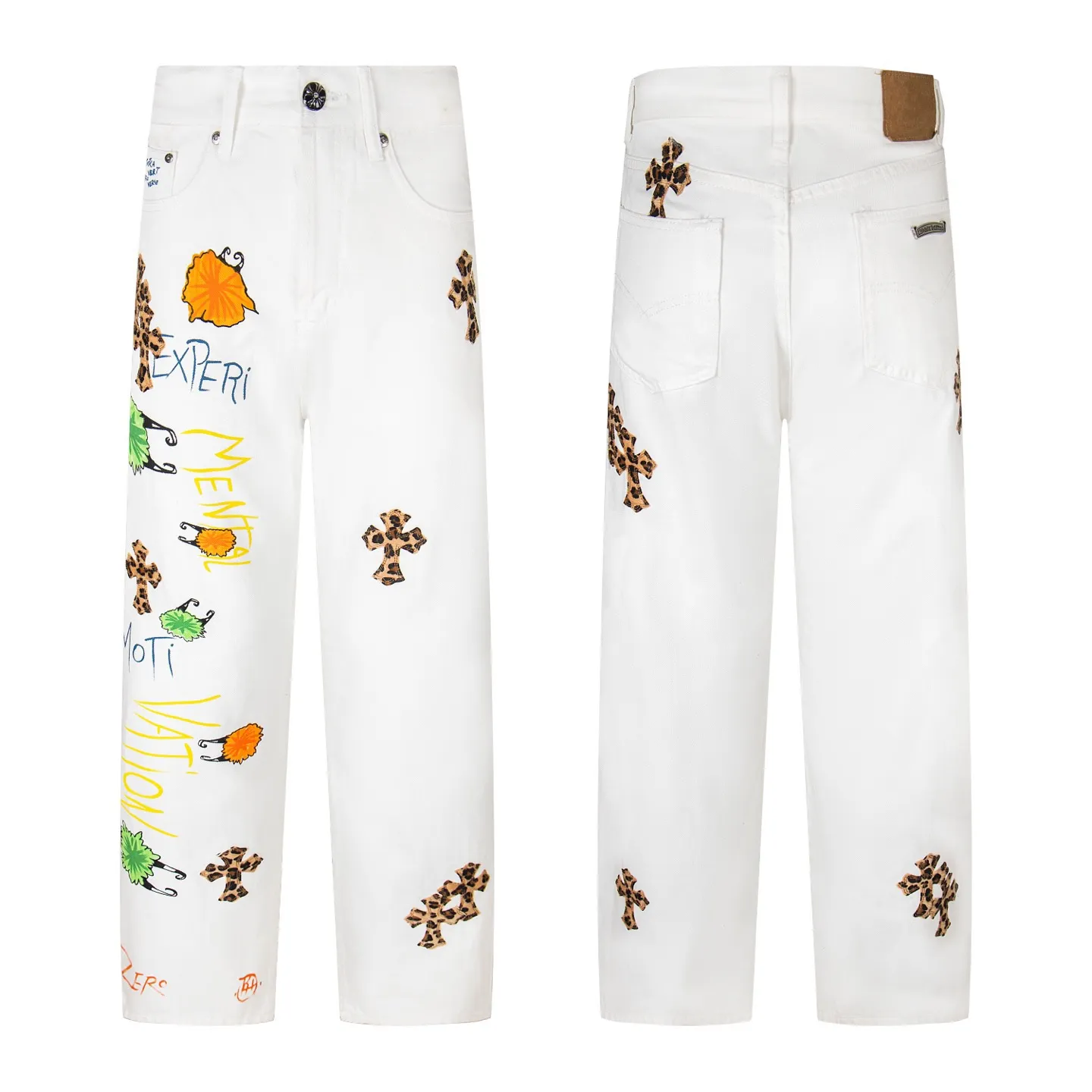 P220 Chrome Hearts｜CH Chrome Hearts 25SS high street jeans with leopard print and vintage graffiti paintings. Chrome Hearts are the most popular pants in color. Made of beaded canvas fabric, heavy washing makes the upper body of the fabric more textured and the pants are tall and straight! The three-dimensional cutting of the whole trousers is a masterpiece! The hardware is customized by zp. The beaded canvas fabric is thick and soft after being washed. It has good breathability. Customized small leather label. Unique design. The details are simple and elegant, and the workmanship is exquisite. The whole trousers are neatly routed and the details are in place! It’s so cool that both men and women can easily control the genderless trend! Style number: 1720# Color: White Size: 28 30 32 34 36